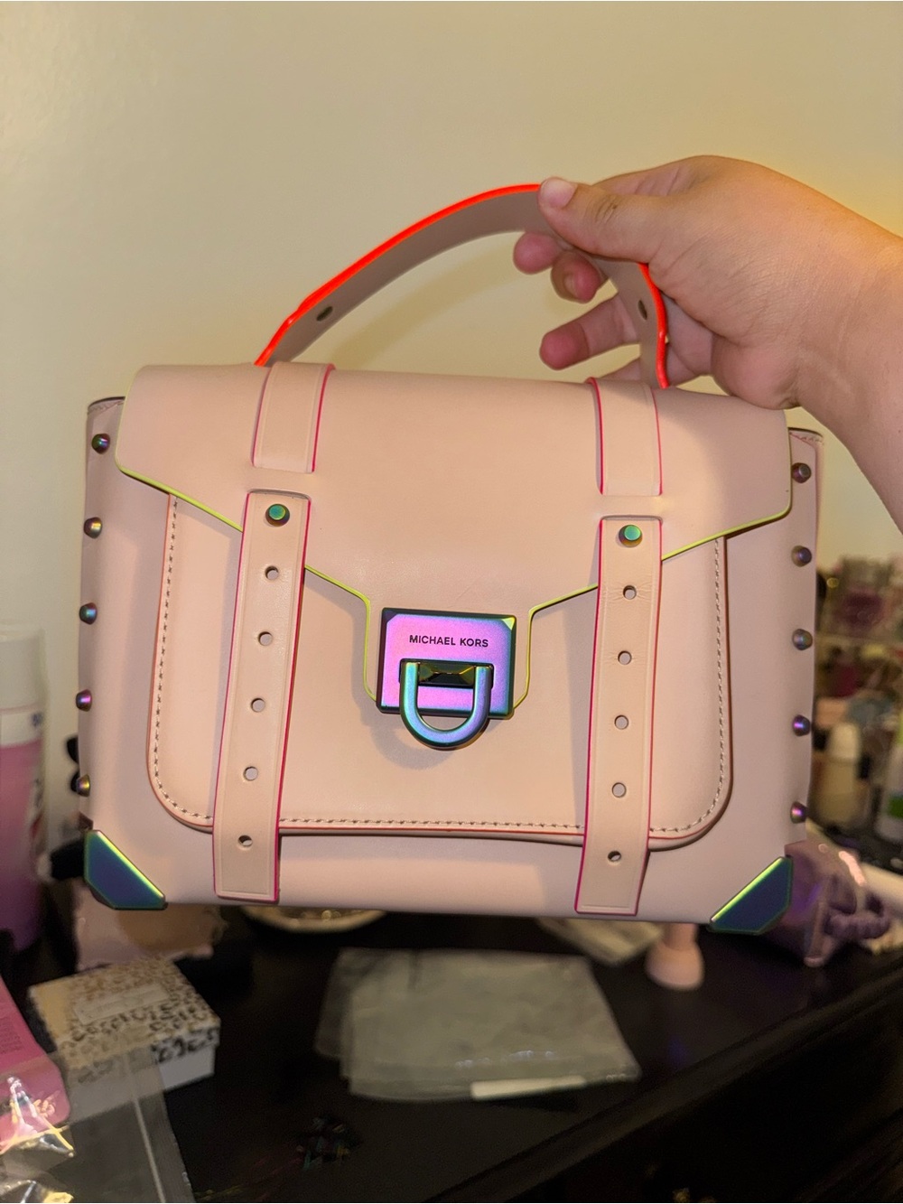 Michael Kors Blush Pink Leather Satchel with Neon Trim